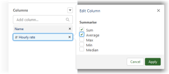 Screenshot showing hourly rate column settings dialog